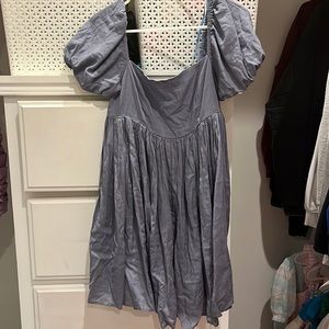 puffy sleeve dark blue pleated dress